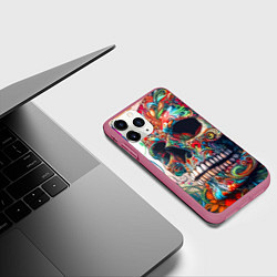Чехол iPhone 11 Pro матовый Орнаментальный череп с тремя бабочками - граффити, цвет: 3D-малиновый — фото 2