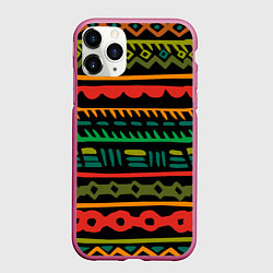 Чехол iPhone 11 Pro матовый Этнический орнамент на черном, цвет: 3D-малиновый