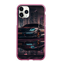 Чехол iPhone 11 Pro матовый Porshe night city, цвет: 3D-малиновый