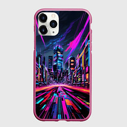 Чехол iPhone 11 Pro матовый Неоновый мегаполис, цвет: 3D-малиновый
