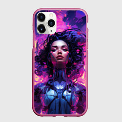 Чехол iPhone 11 Pro матовый Девушка в стиле киберпанк с развевающимися волосам, цвет: 3D-малиновый