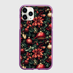 Чехол iPhone 11 Pro матовый Паттерн с новогодними украшениями, цвет: 3D-фиолетовый