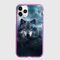 Чехол iPhone 11 Pro матовый Волк ночью под луной, цвет: 3D-фиолетовый