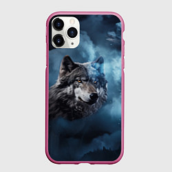 Чехол iPhone 11 Pro матовый Волк ночное синее небо, цвет: 3D-малиновый