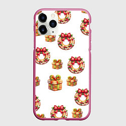 Чехол iPhone 11 Pro матовый Много новогодних пончиков и подарков с бантиком и, цвет: 3D-малиновый