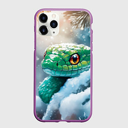 Чехол iPhone 11 Pro матовый Зеленая змейка на заснеженной ветке, цвет: 3D-фиолетовый