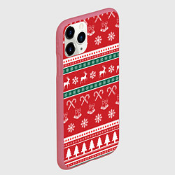 Чехол iPhone 11 Pro матовый Новогодний паттерн с оленями снежинками леденцами, цвет: 3D-малиновый — фото 2