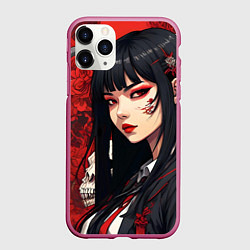 Чехол iPhone 11 Pro матовый Аниме девушка на фоне красных цветов и черепов жив, цвет: 3D-малиновый