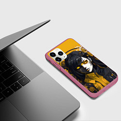 Чехол iPhone 11 Pro матовый Девушка в стиле аниме в куртке на жёлтом фоне, цвет: 3D-малиновый — фото 2