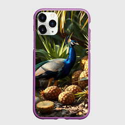 Чехол iPhone 11 Pro матовый Павлин стоящий рядом с ананасами, цвет: 3D-фиолетовый