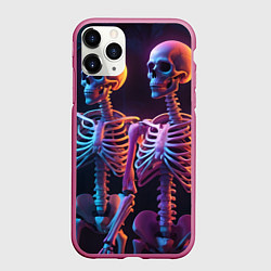 Чехол iPhone 11 Pro матовый Неоновые скелеты хэллоуин, цвет: 3D-малиновый