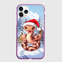 Чехол iPhone 11 Pro матовый Новогодняя змейка в зимнем городе, цвет: 3D-фиолетовый