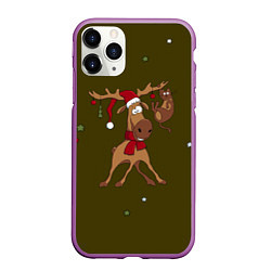 Чехол iPhone 11 Pro матовый Новогодний олень с котом, цвет: 3D-фиолетовый
