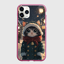 Чехол iPhone 11 Pro матовый Новогодний котик в городе, цвет: 3D-малиновый