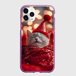 Чехол iPhone 11 Pro матовый Новогодняя довольный котик, цвет: 3D-фиолетовый
