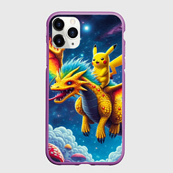 Чехол iPhone 11 Pro матовый Pikachu on a fabulous dragon - neon glow, цвет: 3D-фиолетовый