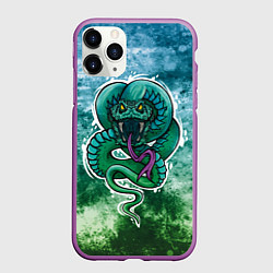 Чехол iPhone 11 Pro матовый Агрессивная зеленая змея на абстрактном фоне, цвет: 3D-фиолетовый
