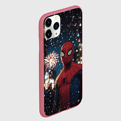 Чехол iPhone 11 Pro матовый Человек-паук и новогодний салют, цвет: 3D-малиновый — фото 2