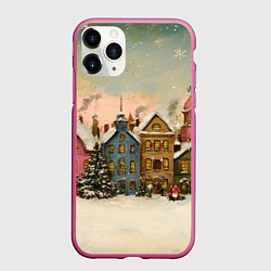 Чехол iPhone 11 Pro матовый Новогодний снежный уютный город, цвет: 3D-малиновый
