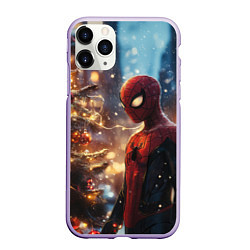 Чехол iPhone 11 Pro матовый Spider-man new year, цвет: 3D-светло-сиреневый