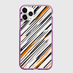 Чехол iPhone 11 Pro матовый Диагональные чёрно-жёлтые полосы на белом фоне, цвет: 3D-фиолетовый