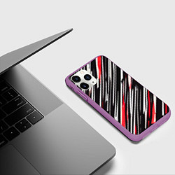Чехол iPhone 11 Pro матовый Диагональные красно-белые полосы на чёрном фоне, цвет: 3D-фиолетовый — фото 2