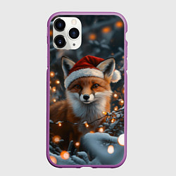 Чехол iPhone 11 Pro матовый Лисица и новогодняя гирлянда, цвет: 3D-фиолетовый