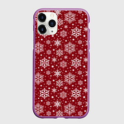 Чехол iPhone 11 Pro матовый Новогодний узор - белые снежинки на красном фоне, цвет: 3D-фиолетовый