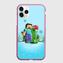 Чехол iPhone 11 Pro матовый Minecraft - New Year, цвет: 3D-малиновый