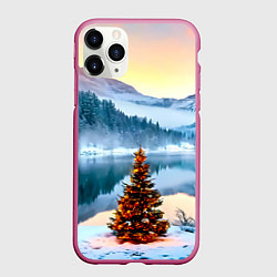 Чехол iPhone 11 Pro матовый Новогодняя елочка на берегу озера, цвет: 3D-малиновый