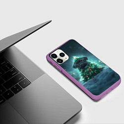 Чехол iPhone 11 Pro матовый Черный мопс - елка, цвет: 3D-фиолетовый — фото 2