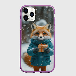 Чехол iPhone 11 Pro матовый Лисица держит подарок, цвет: 3D-фиолетовый