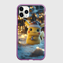 Чехол iPhone 11 Pro матовый Радостный новогодний Пикачу, цвет: 3D-фиолетовый