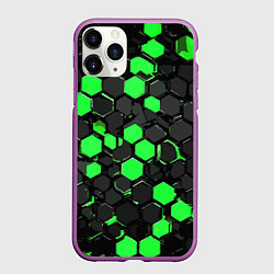 Чехол iPhone 11 Pro матовый Зелёно-серые шестиугольники на чёрном фоне, цвет: 3D-фиолетовый