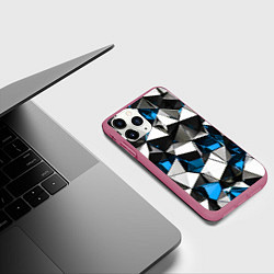 Чехол iPhone 11 Pro матовый Сине-белые рельефные треугольники на чёрном фоне, цвет: 3D-малиновый — фото 2