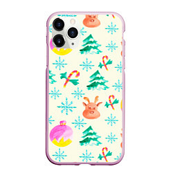 Чехол iPhone 11 Pro матовый Зимний новогодний узор, цвет: 3D-розовый