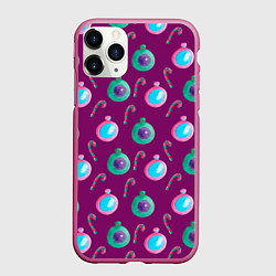 Чехол iPhone 11 Pro матовый Новогодний узор с елочными игрушками, цвет: 3D-малиновый