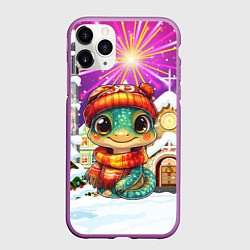 Чехол iPhone 11 Pro матовый Новогодняя змейка на фоне салюта, цвет: 3D-фиолетовый