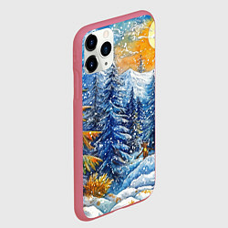 Чехол iPhone 11 Pro матовый Новогодние елки в лесу масляные краски, цвет: 3D-малиновый — фото 2