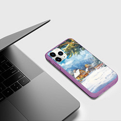 Чехол iPhone 11 Pro матовый Новогодний пейзаж - домики, цвет: 3D-фиолетовый — фото 2