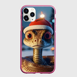 Чехол iPhone 11 Pro матовый Новогодний змееныш в шапочке, цвет: 3D-малиновый