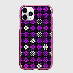 Чехол iPhone 11 Pro матовый Бело-фиолетовые звёзды на чёрном фоне, цвет: 3D-малиновый
