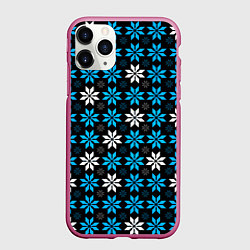 Чехол iPhone 11 Pro матовый Бело-голубые звёзды на чёрном фоне, цвет: 3D-малиновый
