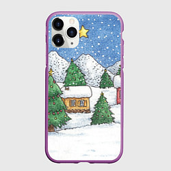 Чехол iPhone 11 Pro матовый Домики и елки - новый год, цвет: 3D-фиолетовый