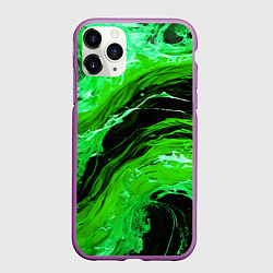 Чехол iPhone 11 Pro матовый Зелёные брызги на чёрном фоне, цвет: 3D-фиолетовый