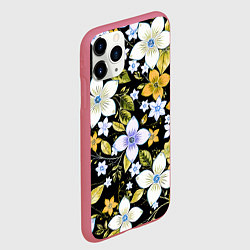 Чехол iPhone 11 Pro матовый Жёлто-белые цветы на чёрном фоне, цвет: 3D-малиновый — фото 2