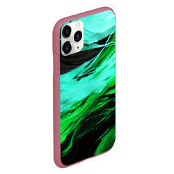 Чехол iPhone 11 Pro матовый Зелёные волны на чёрном фоне, цвет: 3D-малиновый — фото 2