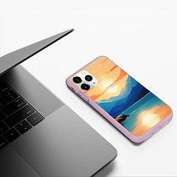 Чехол iPhone 11 Pro матовый Солнце озеро и горы, цвет: 3D-розовый — фото 2