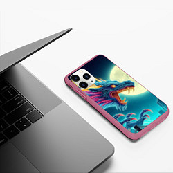 Чехол iPhone 11 Pro матовый Японский свирепый дракон на фоне луны, цвет: 3D-малиновый — фото 2