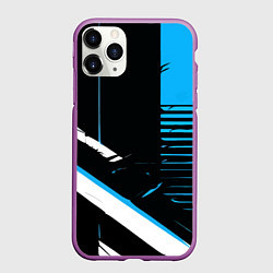 Чехол iPhone 11 Pro матовый Полосы на чёрном фоне сине-белые, цвет: 3D-фиолетовый